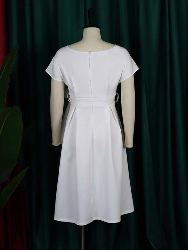 Bowknot Lace-Up Solid Color V-Neck Midi Dresses - Seldom Seen Styles