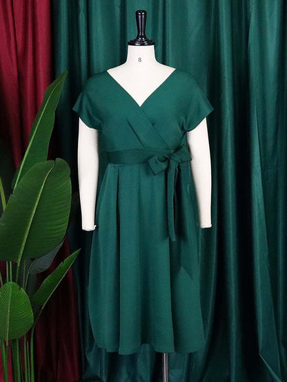 Bowknot Lace-Up Solid Color V-Neck Midi Dresses - Seldom Seen Styles