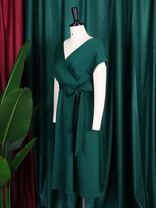 Bowknot Lace-Up Solid Color V-Neck Midi Dresses - Seldom Seen Styles