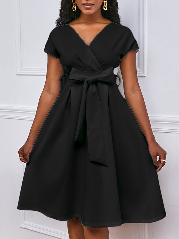 Bowknot Lace-Up Solid Color V-Neck Midi Dresses - Seldom Seen Styles