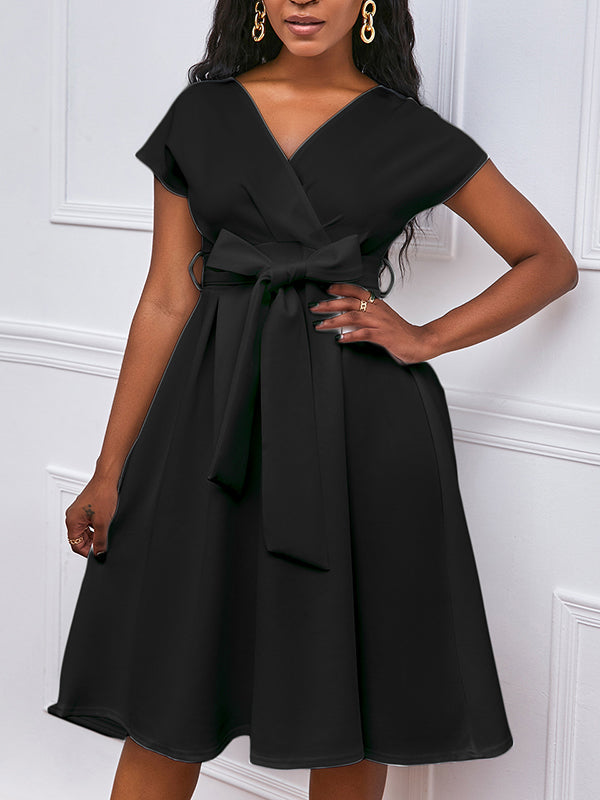 Bowknot Lace-Up Solid Color V-Neck Midi Dresses - Seldom Seen Styles