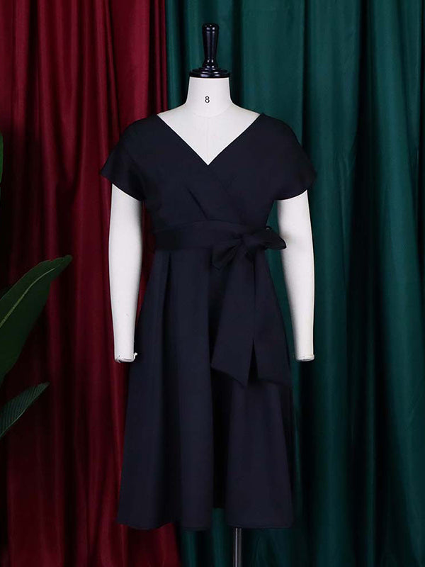 Bowknot Lace-Up Solid Color V-Neck Midi Dresses - Seldom Seen Styles