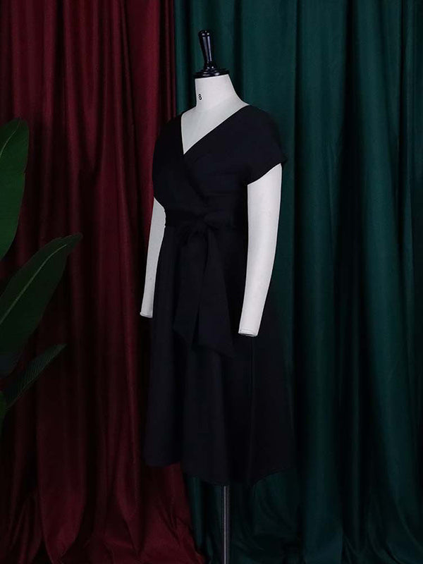 Bowknot Lace-Up Solid Color V-Neck Midi Dresses - Seldom Seen Styles