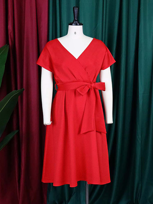 Bowknot Lace-Up Solid Color V-Neck Midi Dresses - Seldom Seen Styles