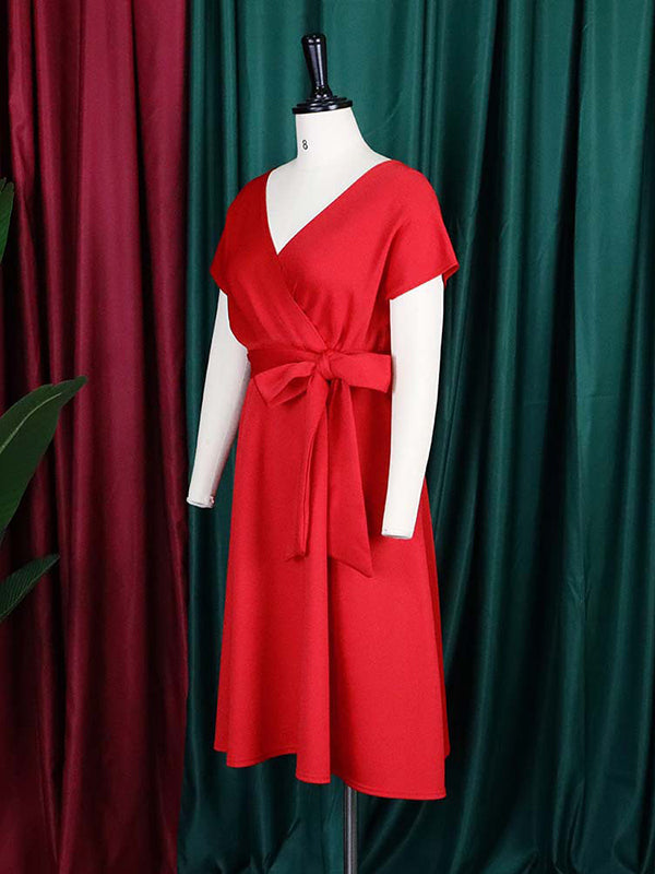 Bowknot Lace-Up Solid Color V-Neck Midi Dresses - Seldom Seen Styles