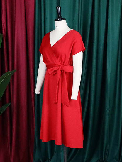 Bowknot Lace-Up Solid Color V-Neck Midi Dresses - Seldom Seen Styles