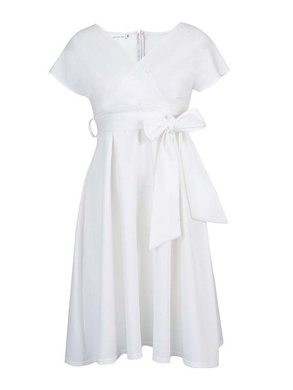 Bowknot Lace-Up Solid Color V-Neck Midi Dresses - Seldom Seen Styles