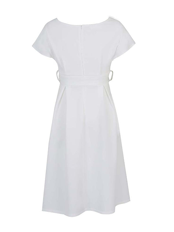 Bowknot Lace-Up Solid Color V-Neck Midi Dresses - Seldom Seen Styles