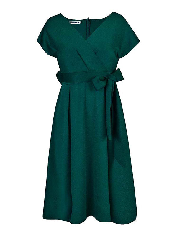 Bowknot Lace-Up Solid Color V-Neck Midi Dresses - Seldom Seen Styles