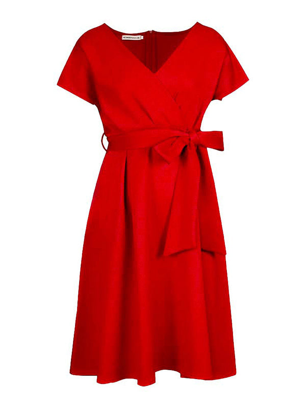Bowknot Lace-Up Solid Color V-Neck Midi Dresses - Seldom Seen Styles