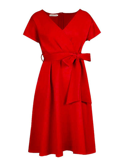 Bowknot Lace-Up Solid Color V-Neck Midi Dresses - Seldom Seen Styles