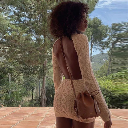 Buttermilk Knitted Long Sleeve Backless Mini Dress - Seldom Seen Styles