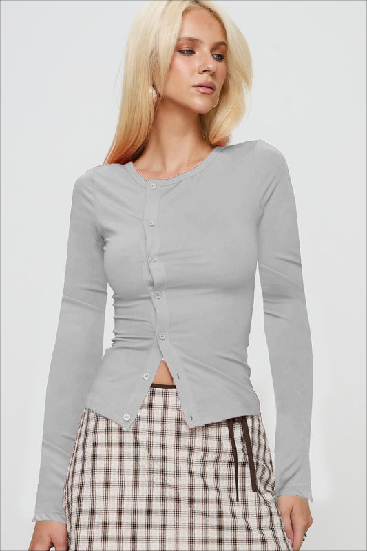 Buttoned Fitted Crew Neck Knit Sweater Women Button Down Ribbed Tops Long Sleeve Going Out Fitted Modal Shirt - Seldom Seen Styles