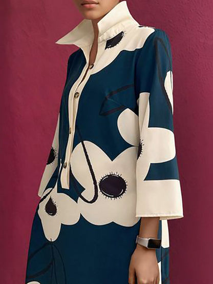 Buttoned Flower Print A-Line Loose Stand Collar Mini Dresses - Seldom Seen Styles