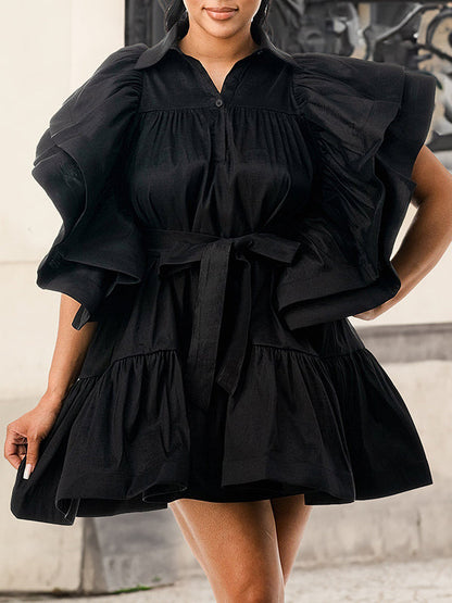 Buttoned Pleated Ruffled Solid Color Tied Waist A-Line High Waisted Lapel Mini Dresses - Seldom Seen Styles