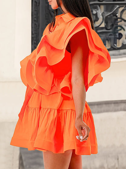 Buttoned Pleated Ruffled Solid Color Tied Waist A-Line High Waisted Lapel Mini Dresses - Seldom Seen Styles