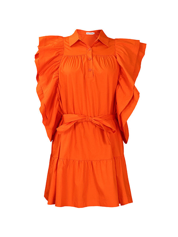 Buttoned Pleated Ruffled Solid Color Tied Waist A-Line High Waisted Lapel Mini Dresses - Seldom Seen Styles