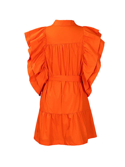 Buttoned Pleated Ruffled Solid Color Tied Waist A-Line High Waisted Lapel Mini Dresses - Seldom Seen Styles