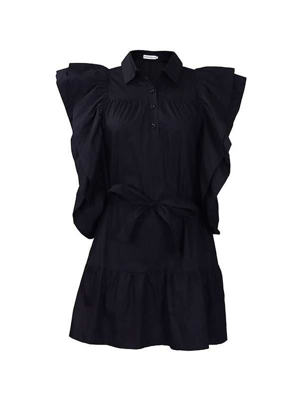 Buttoned Pleated Ruffled Solid Color Tied Waist A-Line High Waisted Lapel Mini Dresses - Seldom Seen Styles