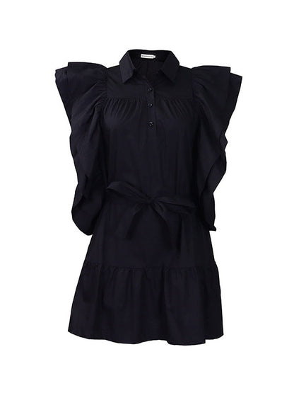Buttoned Pleated Ruffled Solid Color Tied Waist A-Line High Waisted Lapel Mini Dresses - Seldom Seen Styles