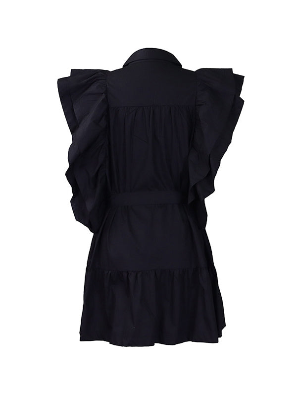 Buttoned Pleated Ruffled Solid Color Tied Waist A-Line High Waisted Lapel Mini Dresses - Seldom Seen Styles