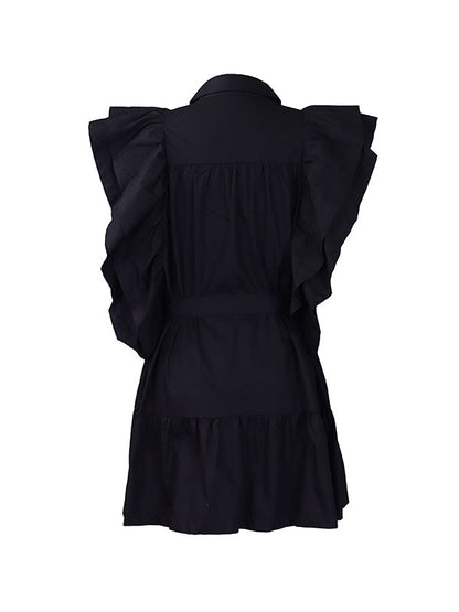 Buttoned Pleated Ruffled Solid Color Tied Waist A-Line High Waisted Lapel Mini Dresses - Seldom Seen Styles