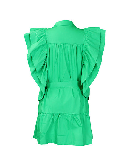 Buttoned Pleated Ruffled Solid Color Tied Waist A-Line High Waisted Lapel Mini Dresses - Seldom Seen Styles