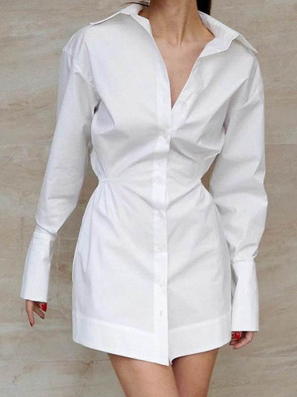Buttoned Pleated Solid Color High Waisted Long Sleeves Lapel Shirt Dress Mini Dresses - Seldom Seen Styles