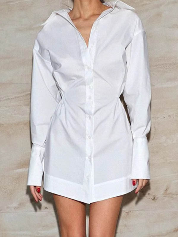 Buttoned Pleated Solid Color High Waisted Long Sleeves Lapel Shirt Dress Mini Dresses - Seldom Seen Styles