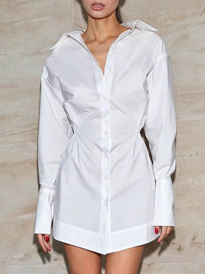 Buttoned Pleated Solid Color High Waisted Long Sleeves Lapel Shirt Dress Mini Dresses - Seldom Seen Styles