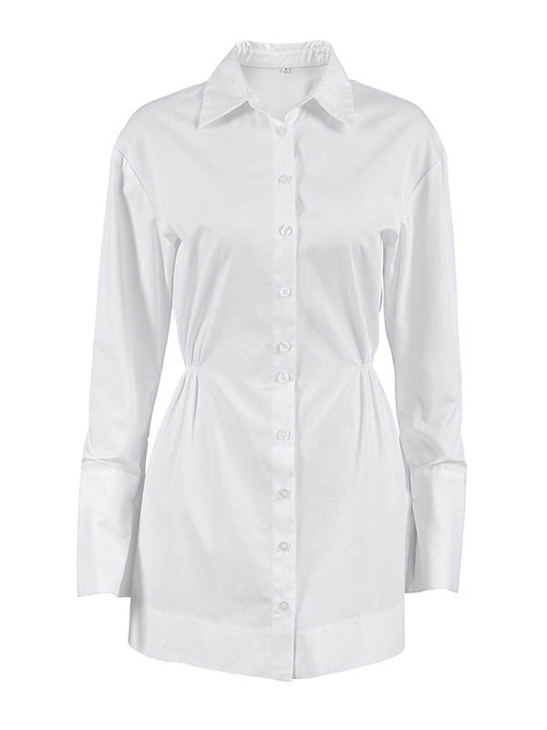 Buttoned Pleated Solid Color High Waisted Long Sleeves Lapel Shirt Dress Mini Dresses - Seldom Seen Styles