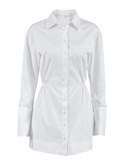 Buttoned Pleated Solid Color High Waisted Long Sleeves Lapel Shirt Dress Mini Dresses - Seldom Seen Styles