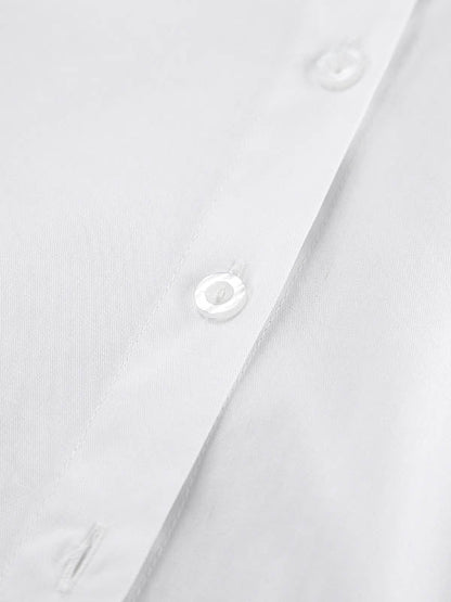 Buttoned Pleated Solid Color High Waisted Long Sleeves Lapel Shirt Dress Mini Dresses - Seldom Seen Styles