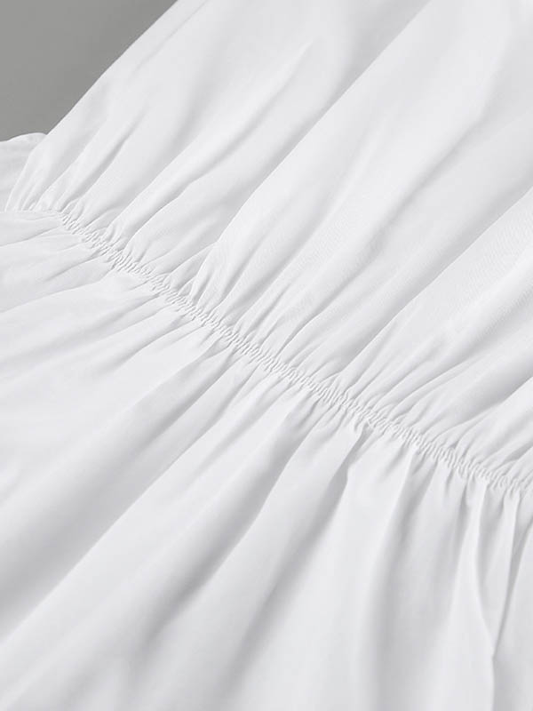 Buttoned Pleated Solid Color High Waisted Long Sleeves Lapel Shirt Dress Mini Dresses - Seldom Seen Styles