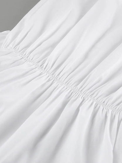 Buttoned Pleated Solid Color High Waisted Long Sleeves Lapel Shirt Dress Mini Dresses - Seldom Seen Styles