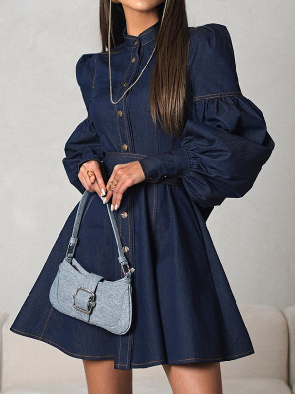 Buttoned Pleated Split-Joint Tied Waist A-Line Long Sleeves Mock Neck Mini Dresses - Seldom Seen Styles