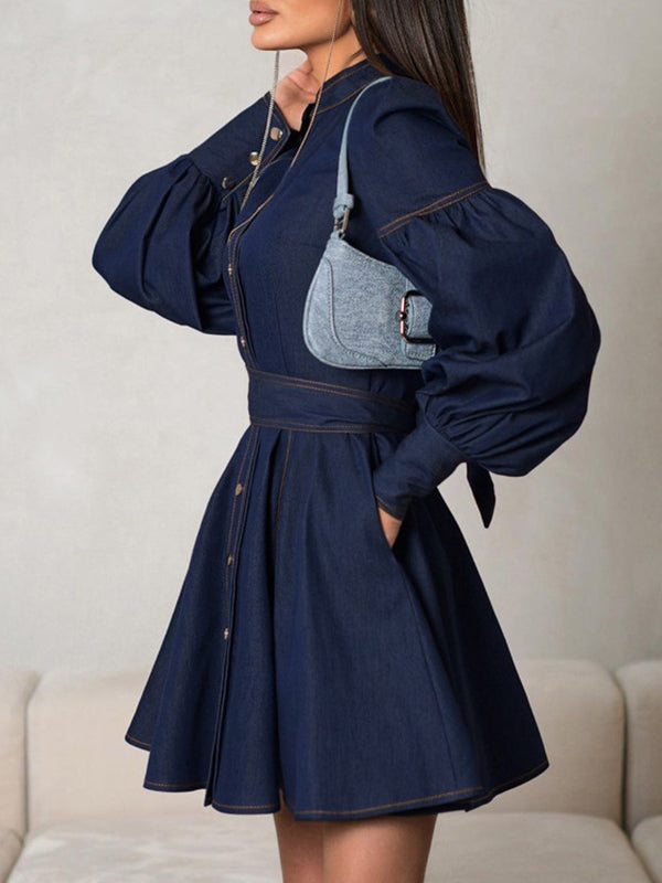 Buttoned Pleated Split-Joint Tied Waist A-Line Long Sleeves Mock Neck Mini Dresses - Seldom Seen Styles