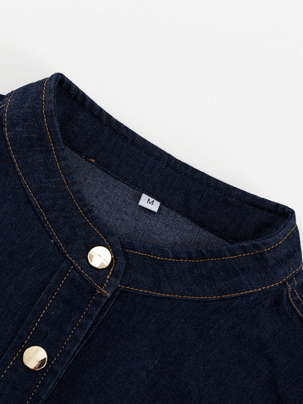 Buttoned Pleated Split-Joint Tied Waist A-Line Long Sleeves Mock Neck Mini Dresses - Seldom Seen Styles