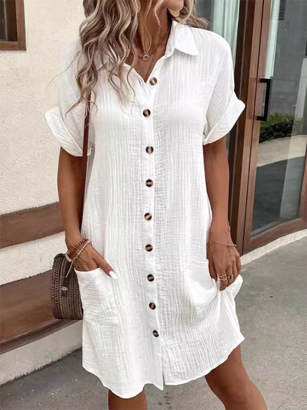 Buttoned Pockets Loose Short Sleeves Lapel Mini Dresses - Seldom Seen Styles