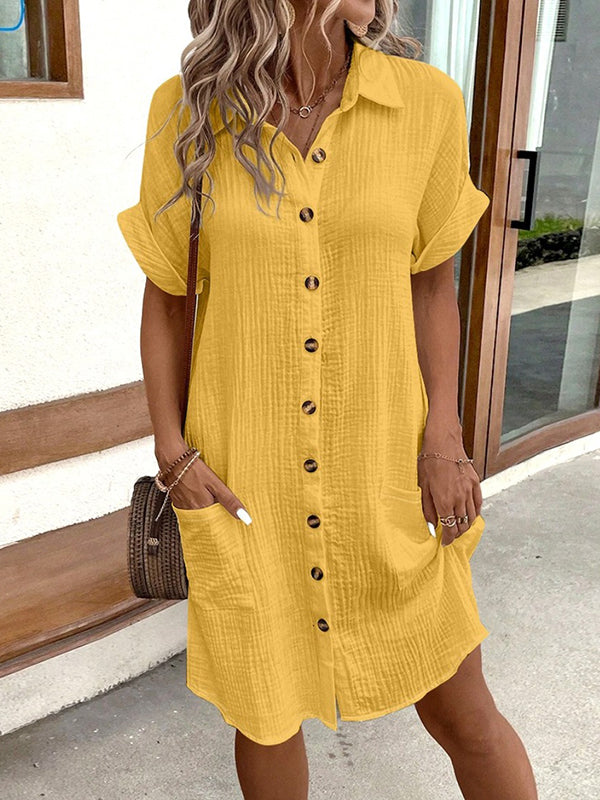Buttoned Pockets Loose Short Sleeves Lapel Mini Dresses - Seldom Seen Styles