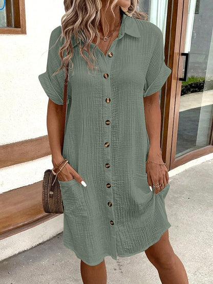 Buttoned Pockets Loose Short Sleeves Lapel Mini Dresses - Seldom Seen Styles