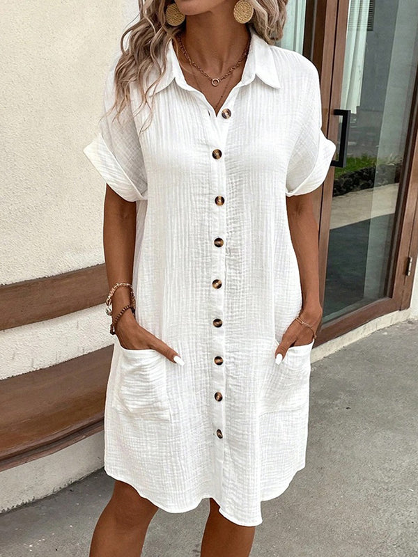 Buttoned Pockets Loose Short Sleeves Lapel Mini Dresses - Seldom Seen Styles