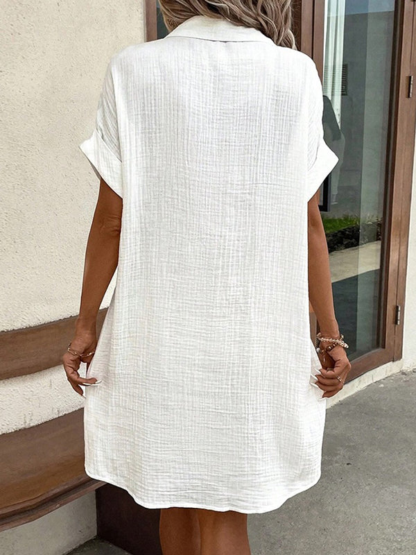 Buttoned Pockets Loose Short Sleeves Lapel Mini Dresses - Seldom Seen Styles