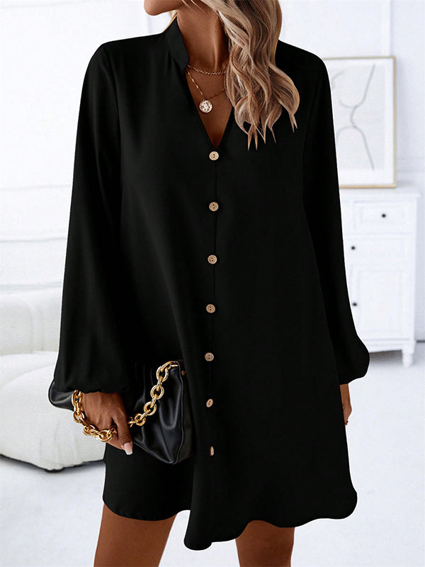 Buttoned Solid Color A-line Long Sleeves V-neck Mini Dresses - Seldom Seen Styles