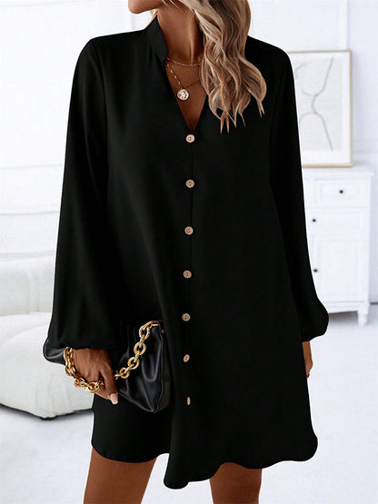 Buttoned Solid Color A-line Long Sleeves V-neck Mini Dresses - Seldom Seen Styles