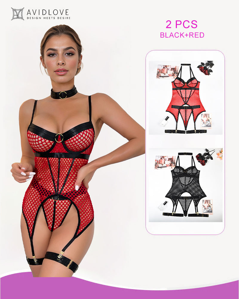 Red fishnet corset bustier lingerie with black accents, 2-piece set, showing curves.