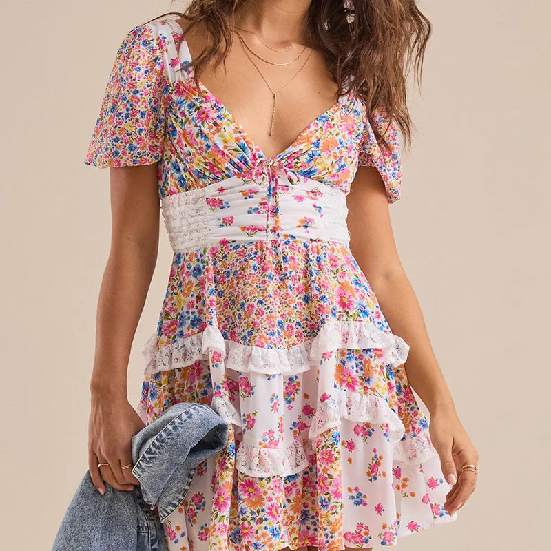 Cassidy Ruffle Patchwork Mini Dress floral dresses for women - Seldom Seen Styles