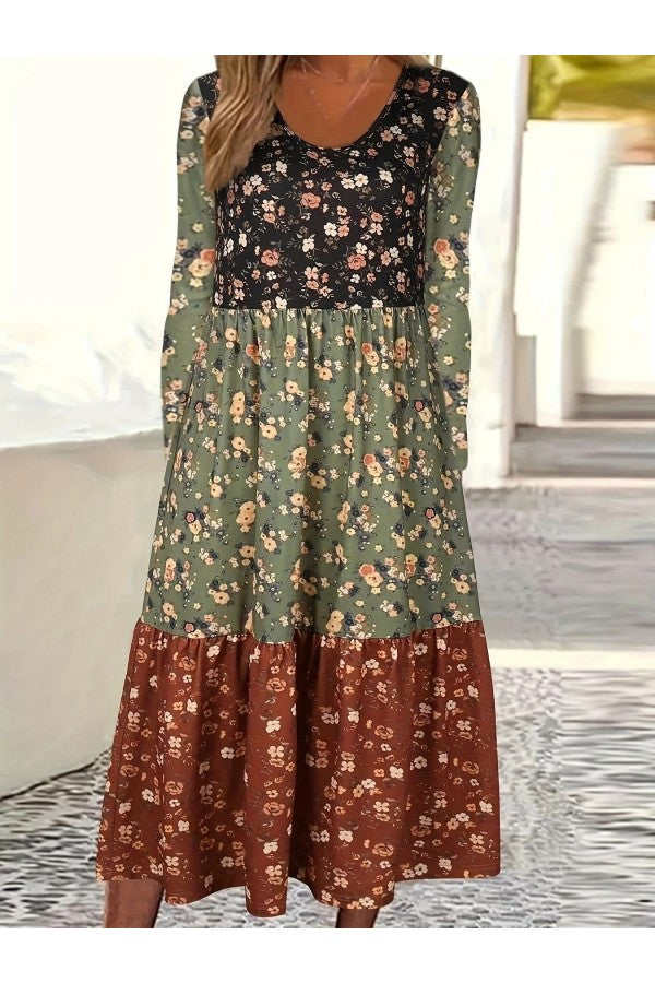 Casual Floral Print Crew Neck Long Sleeve Maxi Dress - Seldom Seen Styles
