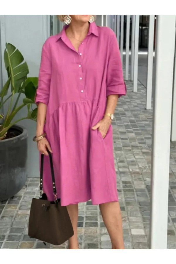 Casual Plain Shirt Collar Half Sleeve Daily Midi Dress - Seldom Seen Styles