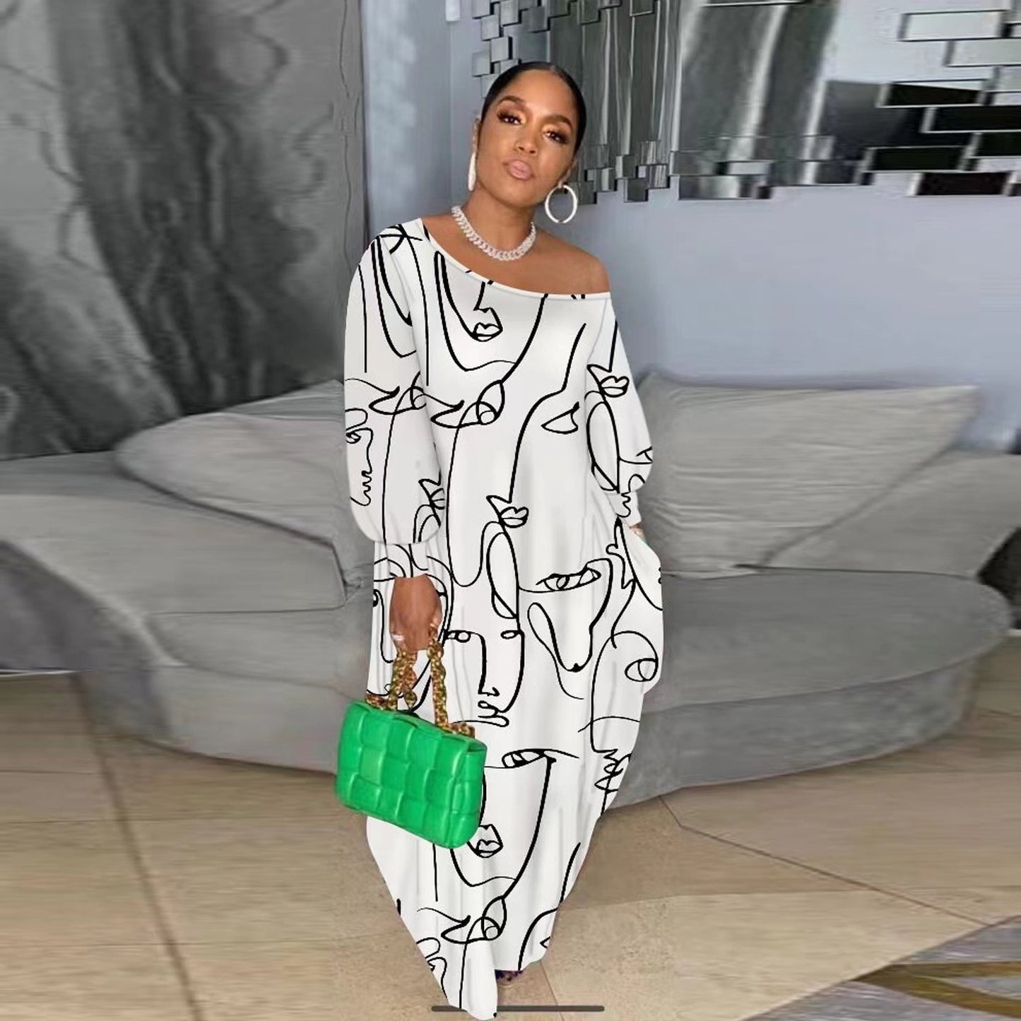 Casual Plus Size Maxi Dresses for Women Round Neck Long Sleeves Loose Sundress with Pockets - Seldom Seen Styles